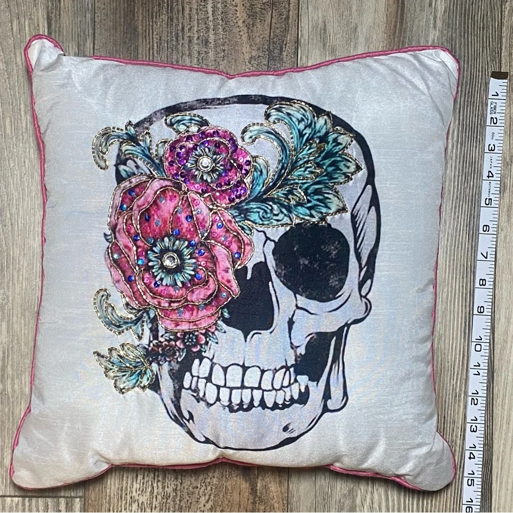Embroidered and Bead Embellished Skull Decorative Pillow with Floral Design